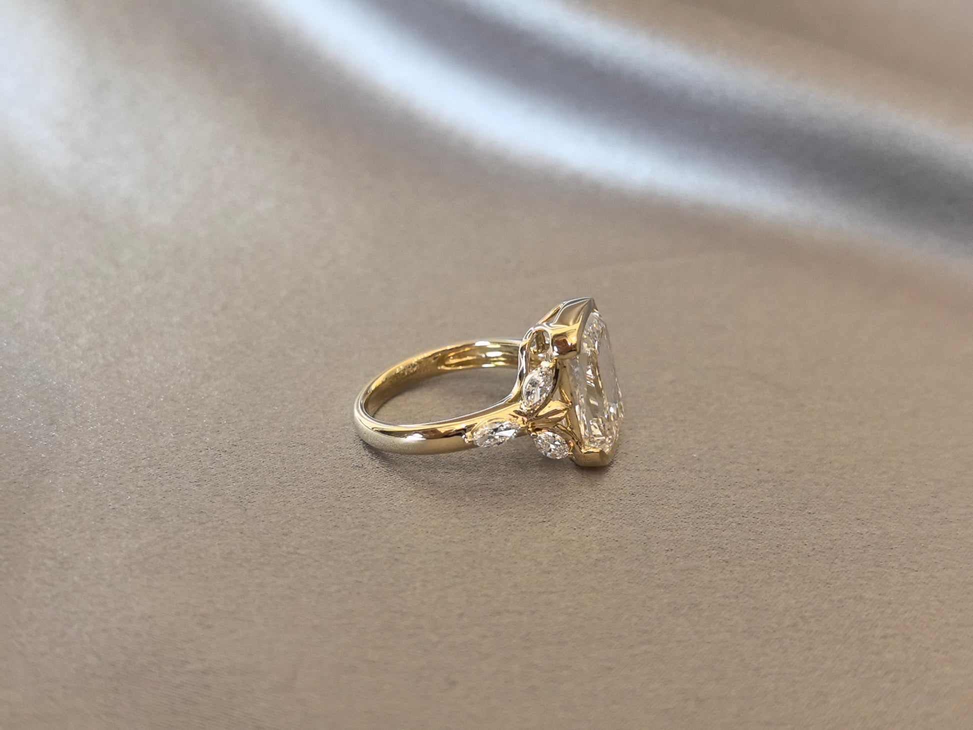 Radiant-Cut Diamond Engagement Ring - Leaf Accents - Partial Bezel-Set