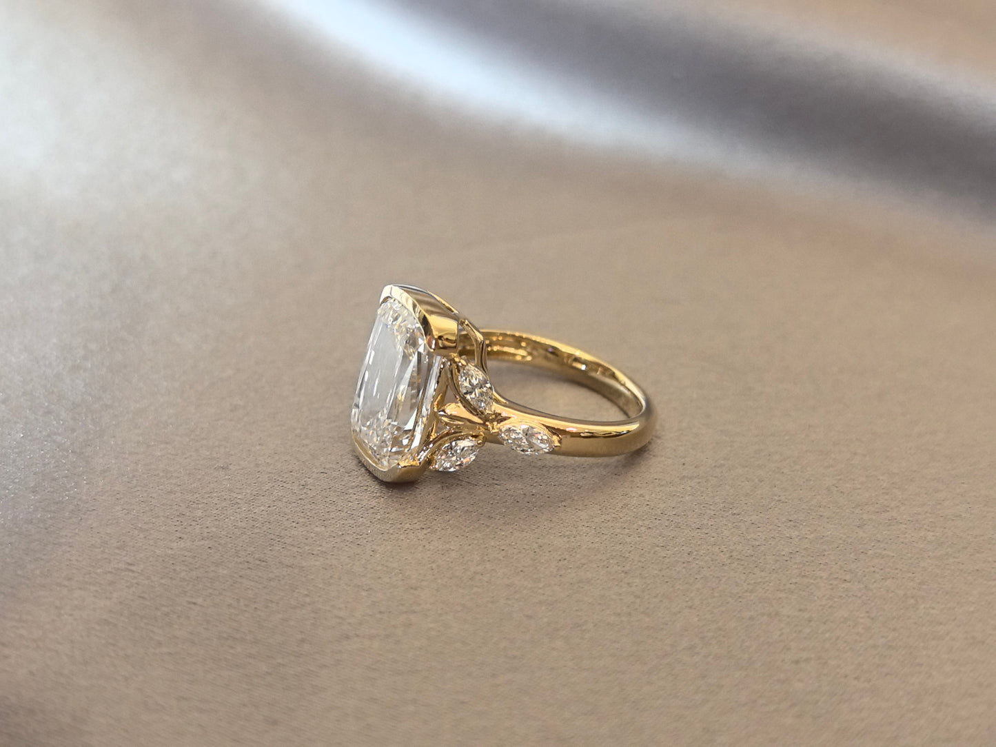 Radiant-Cut Diamond Engagement Ring - Leaf Accents - Partial Bezel-Set