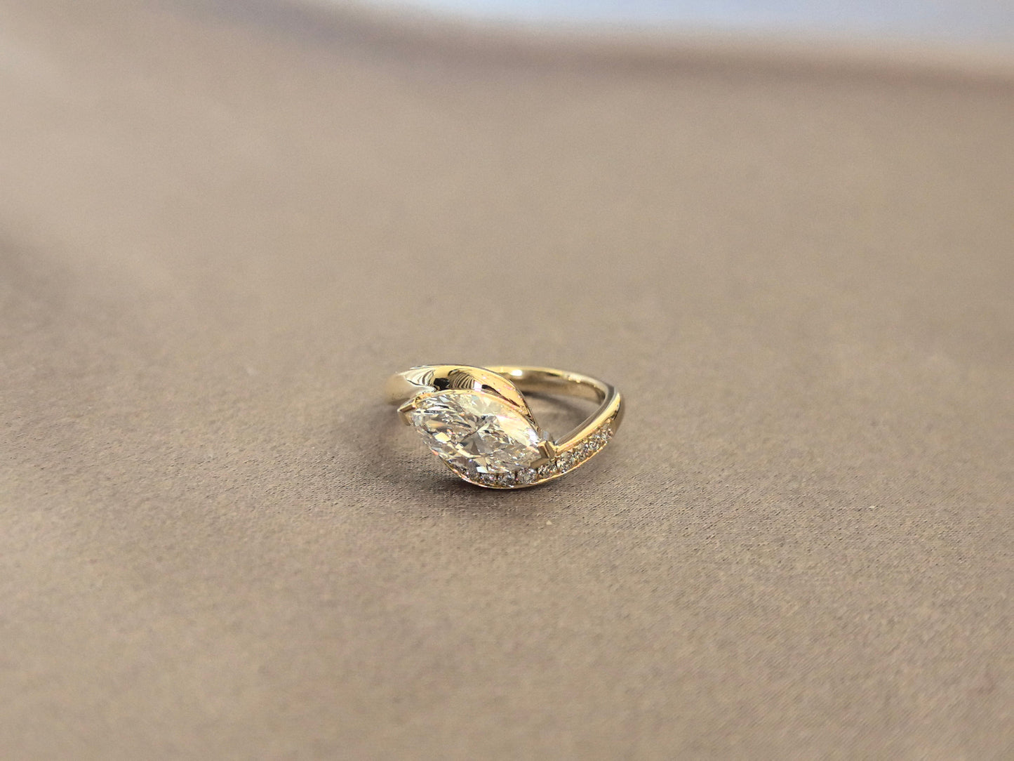 Marquise-Cut Diamond Bypass Ring with Pave Shank - Secure Partial Bezel-Set Center Diamond - Bridal & Wedding Jewelry