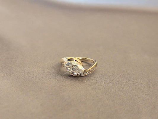 Marquise-Cut Diamond Bypass Ring with Pave Shank - Secure Partial Bezel-Set Center Diamond - Bridal & Wedding Jewelry
