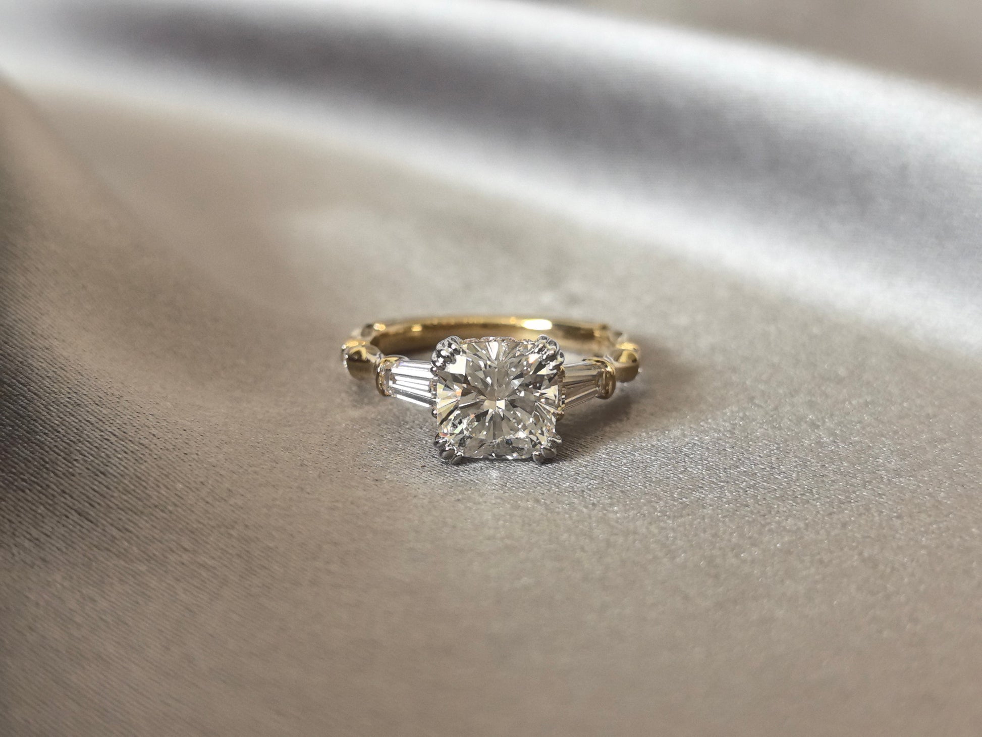 Cushion-Cut Diamond Engagement Ring - Baguette Accents - Bamboo-Inspired Textured Shank