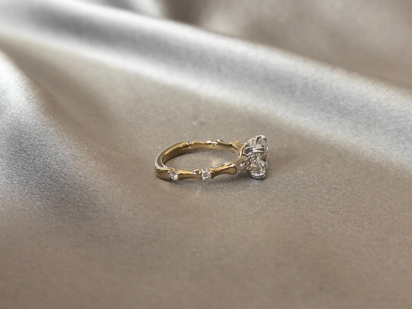 Cushion-Cut Diamond Engagement Ring - Baguette Accents - Bamboo-Inspired Textured Shank