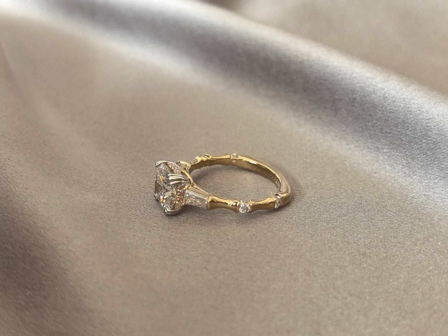 Cushion-Cut Diamond Engagement Ring - Baguette Accents - Bamboo-Inspired Textured Shank