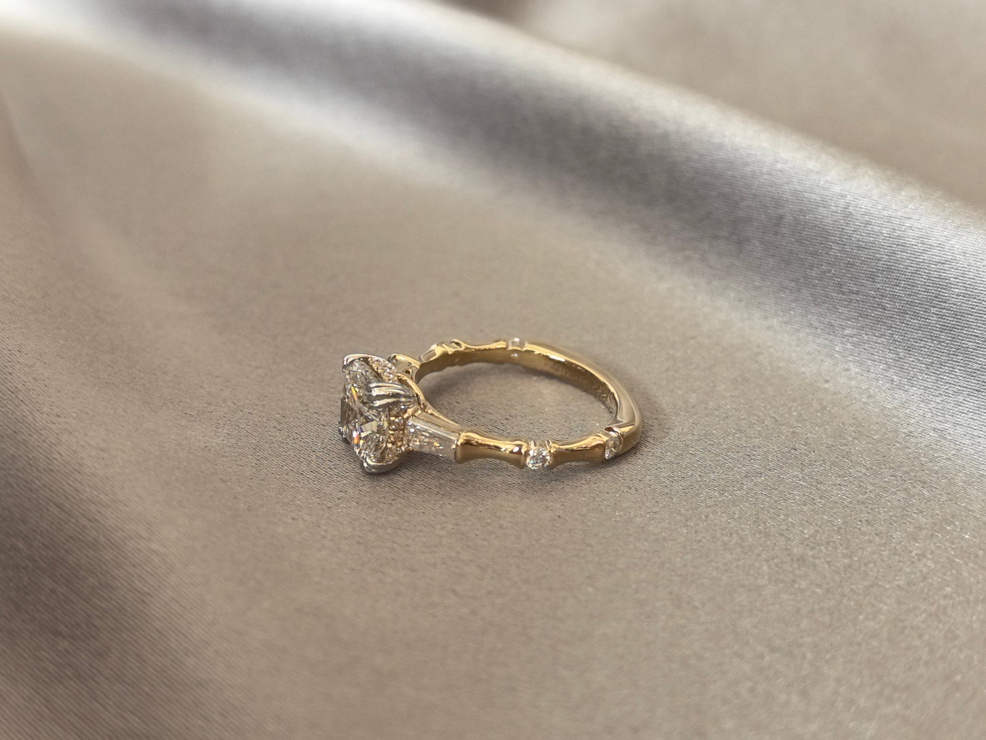 Cushion-Cut Diamond Engagement Ring - Baguette Accents - Bamboo-Inspired Textured Shank