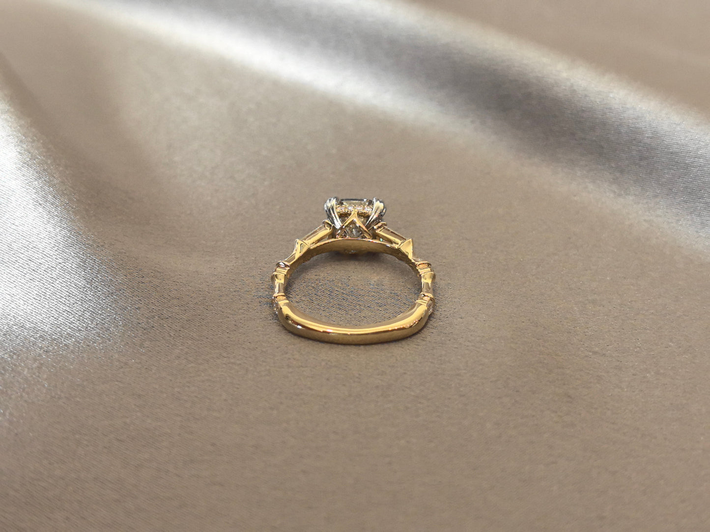 Cushion-Cut Diamond Engagement Ring - Baguette Accents - Bamboo-Inspired Textured Shank