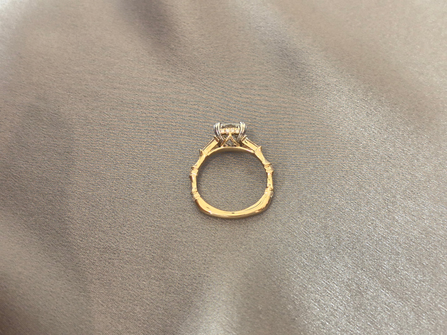 Cushion-Cut Diamond Engagement Ring - Baguette Accents - Bamboo-Inspired Textured Shank