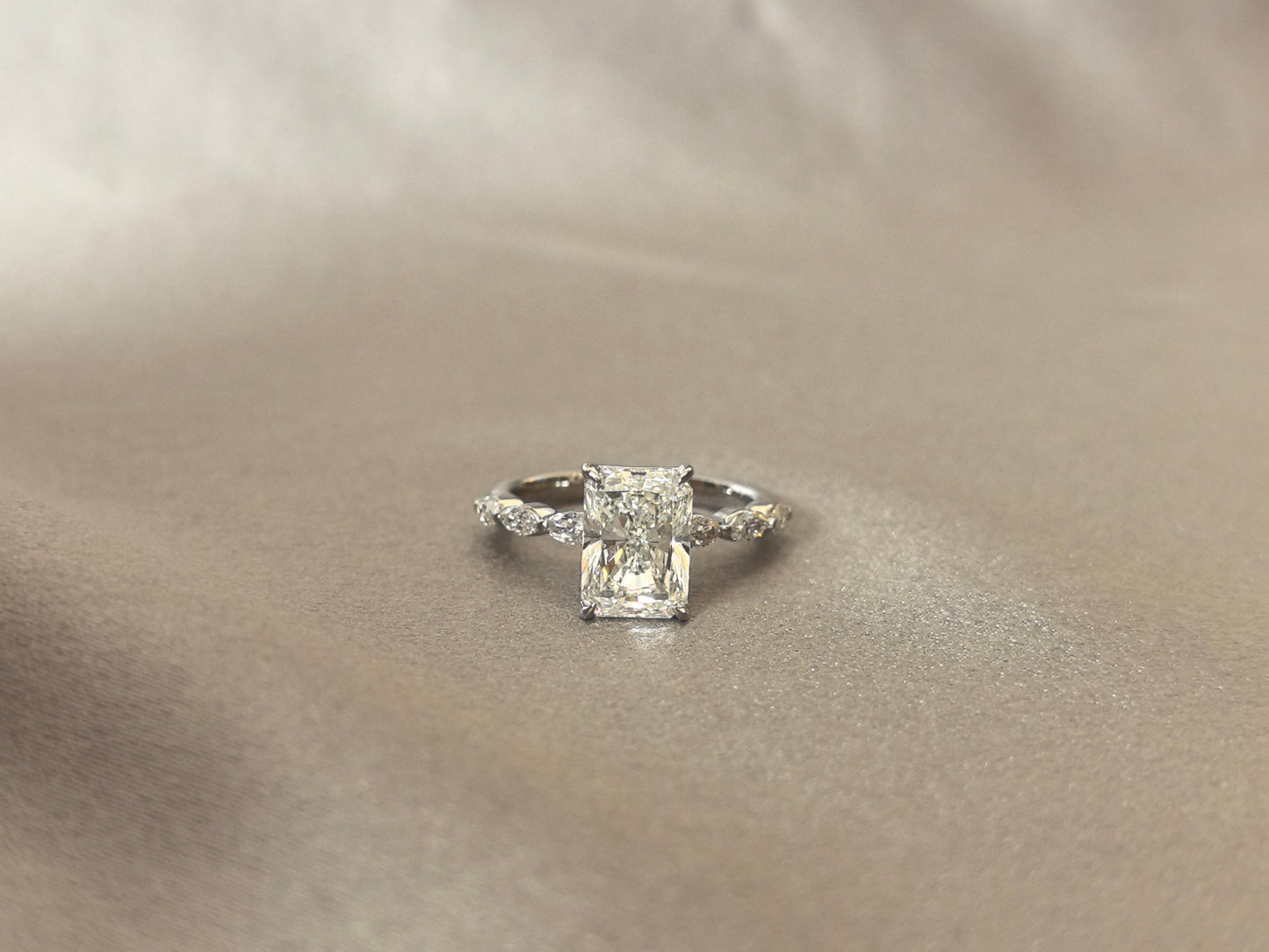 Radiant-Cut Diamond Engagement Ring - Marquise & Round Side Stones - Modern Solitaire Ring