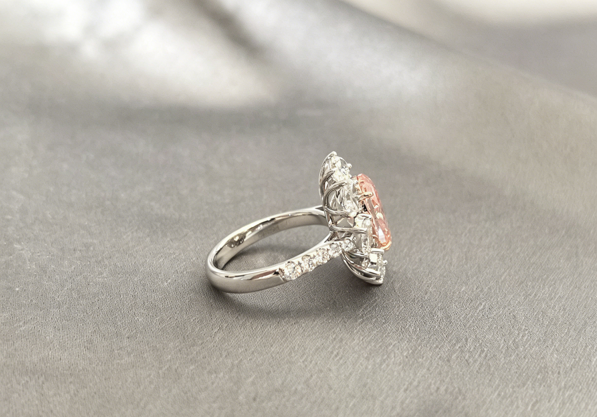Oval-Cut Pink Lab Diamond Halo Ring - Half Eternity Ring - Prong&Pave-Set
