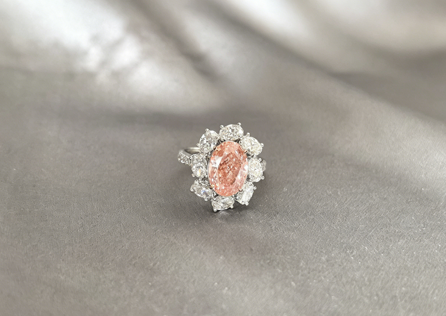Oval-Cut Pink Lab Diamond Halo Ring - Half Eternity Ring - Prong&Pave-Set