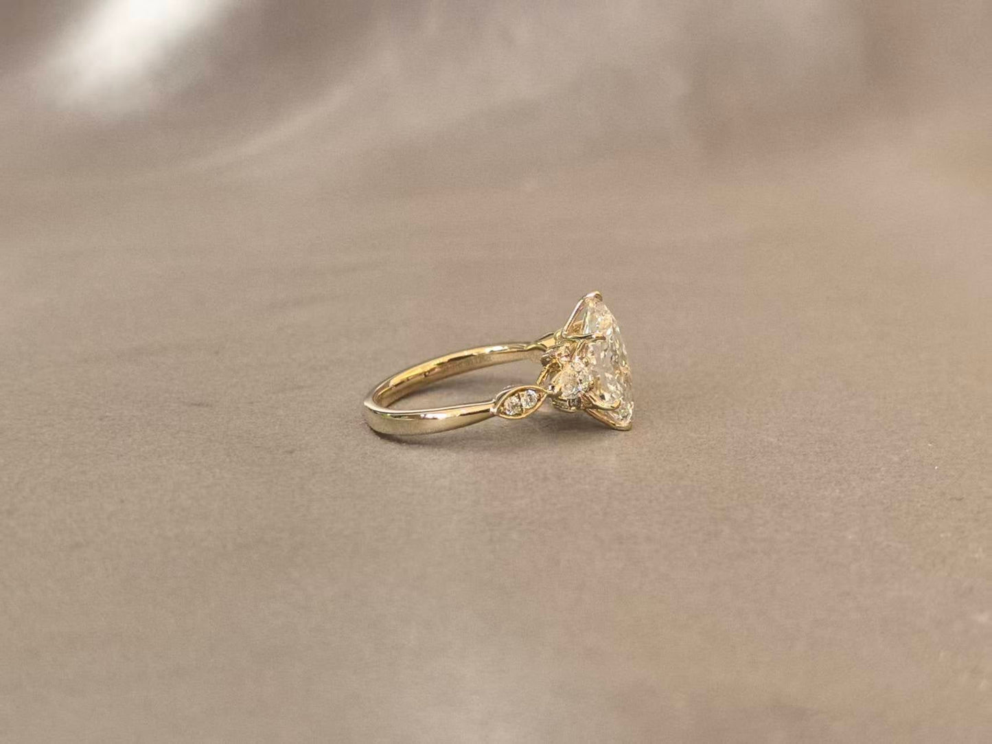 Dutch Marquise Lab Diamond Ring - Pear-Shaped Side Stones - 14K Gold