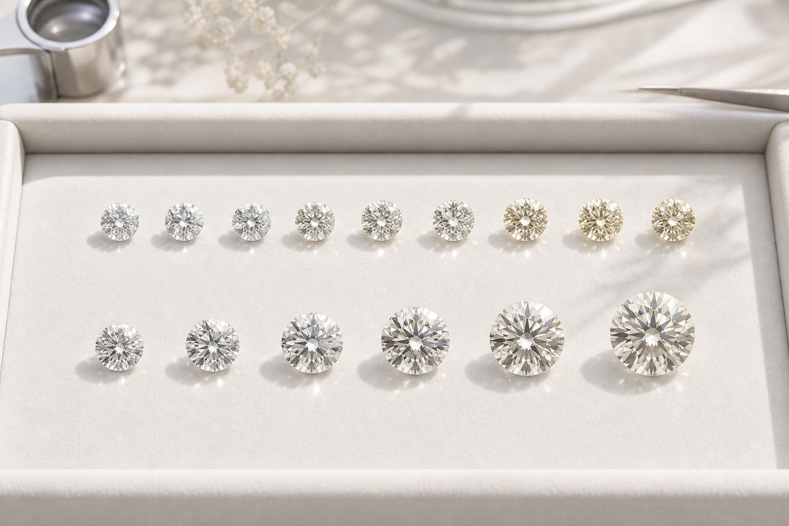 Rows of lab-grown diamonds comparing color warmth and face-up carat size