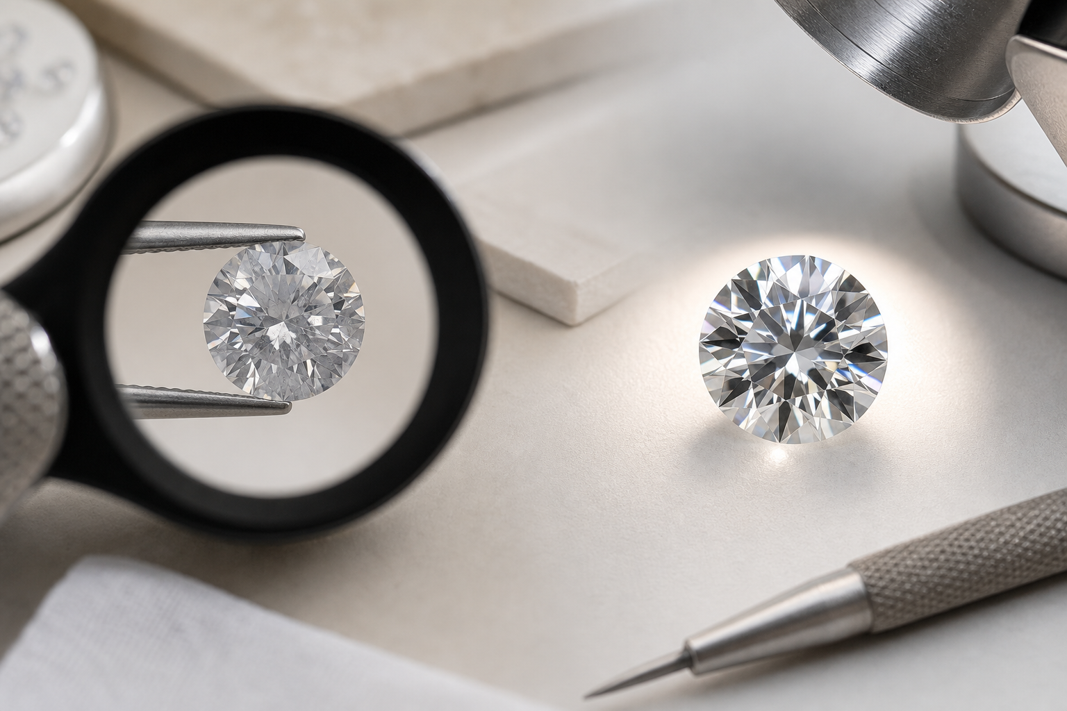 A diamond viewed through a loupe beside a bright well-cut diamond under inspection light
