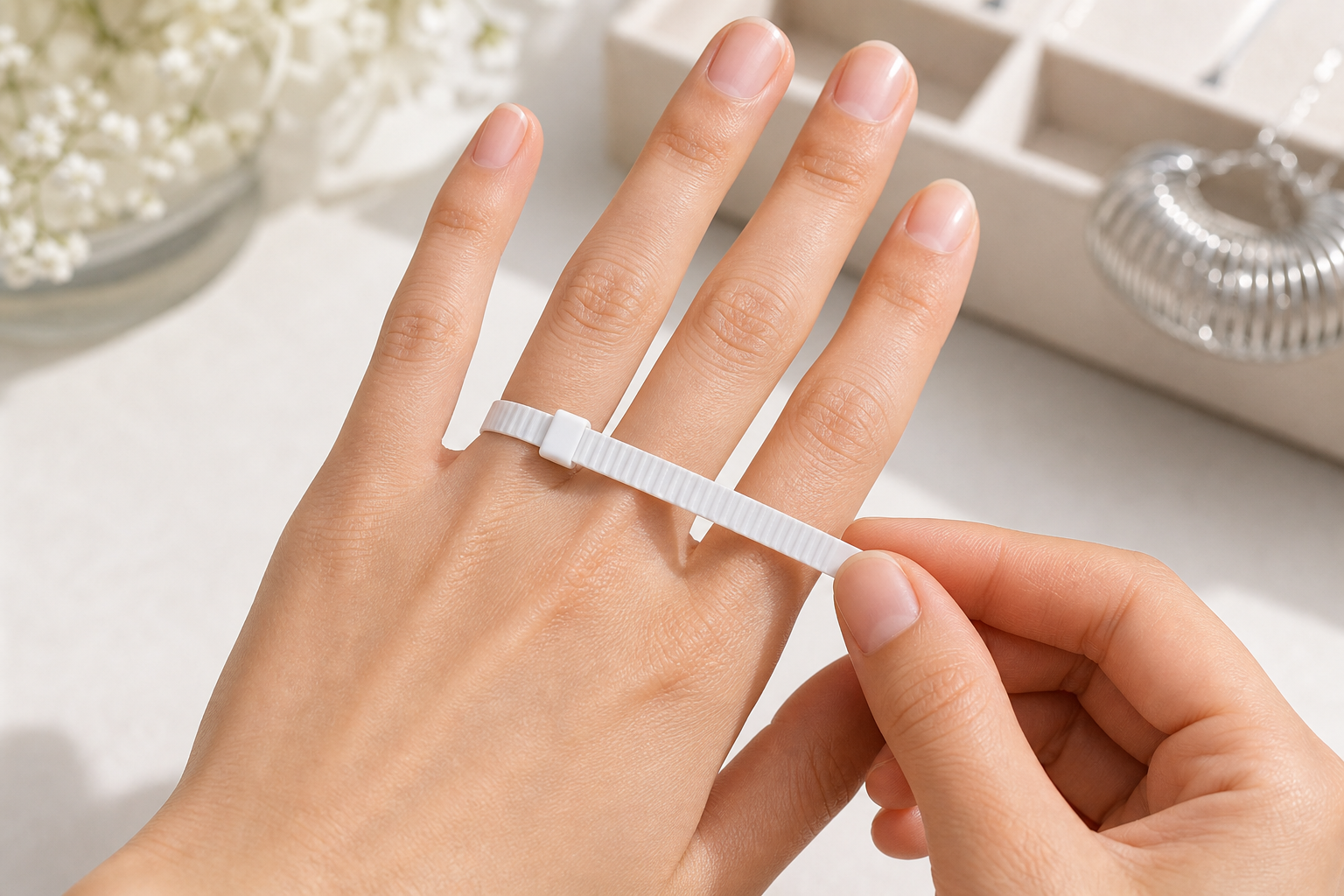 A finger being measured at its base with a ring sizing strip