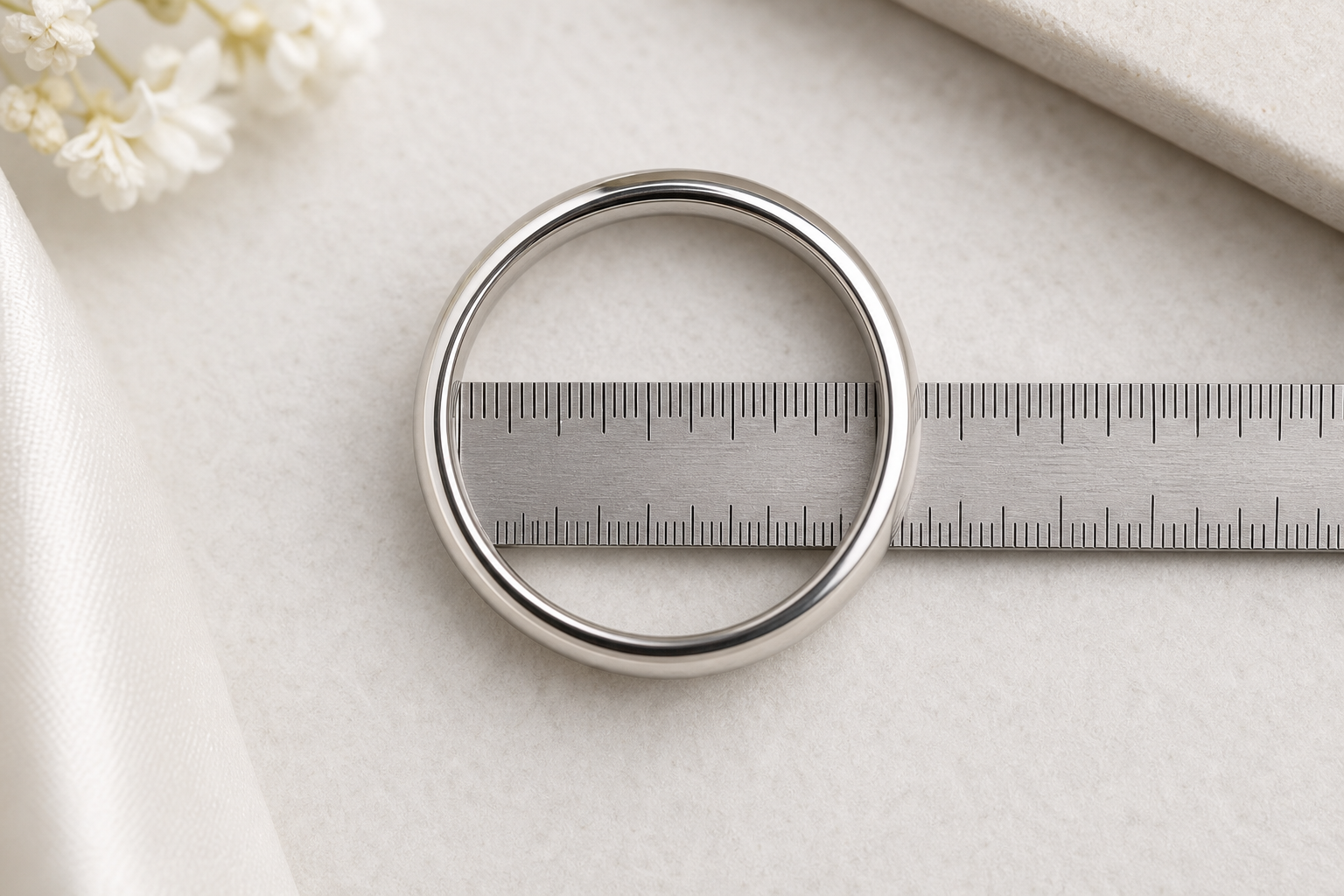 A plain ring positioned over a millimeter ruler to demonstrate inside diameter measurement